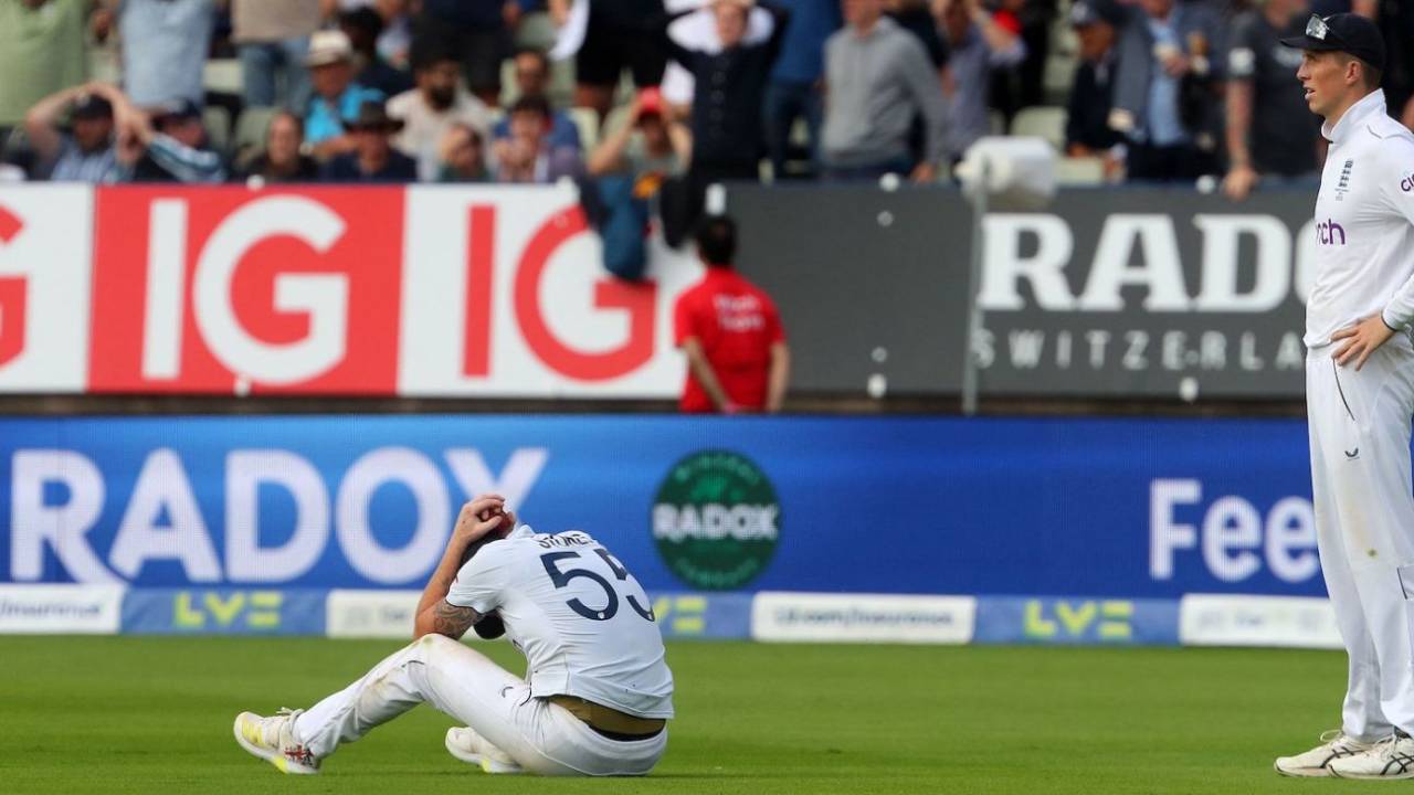 Ben Stokes and Zak Crawley react after the former dropped a tough chance, England vs Australia, 1st Ashes Test, Edgbaston, 5th day, June 20, 2023