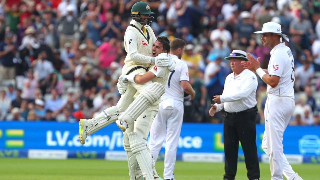 Nathan Lyon climbs on Pat Cummins as Stuart Broad applauds Australia's win, England vs Australia, 1st Ashes Test, Edgbaston, 5th day, June 20, 2023