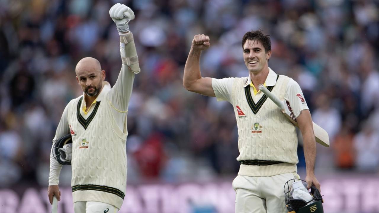 Nathan Lyon and Pat Cummins celebrate Australia's thrilling win, England vs Australia, 1st Ashes Test, Edgbaston, 5th day, June 20, 2023