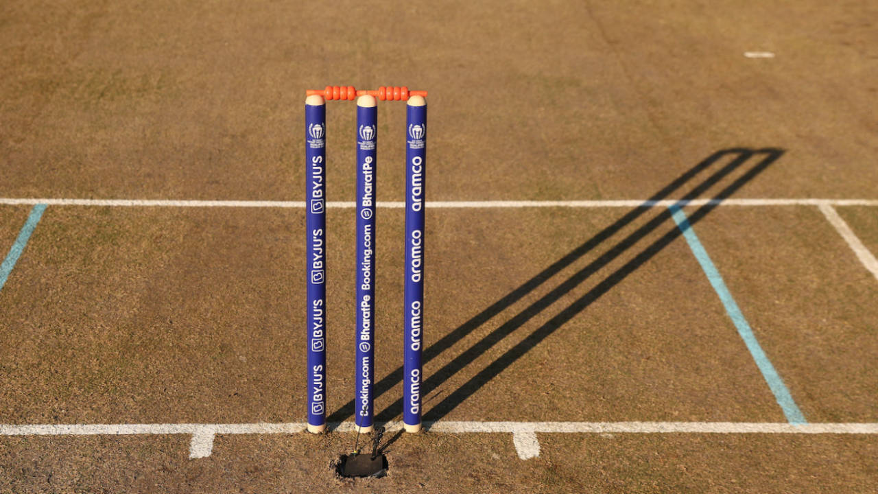 A detailed view of the stumps at the ICC Cricket World Cup Qualifier, Oman vs UAE, ICC Cricket World Cup Qualifier, Bulawayo, June 21, 2023