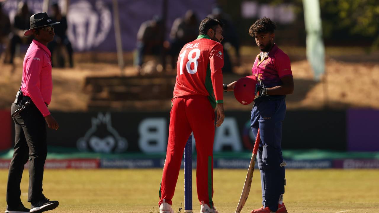 Bilal Khan checks in on Vriitya Aravind, Oman vs UAE, ICC Cricket World Cup Qualifier, Bulawayo, June 21, 2023