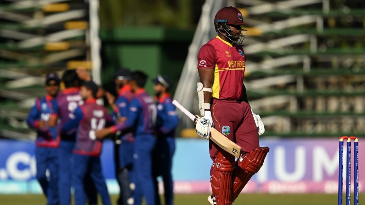 Kyle Mayers walks back after getting out early, Nepal vs West Indies, World Cup Qualifier, Harare, June 22, 2023