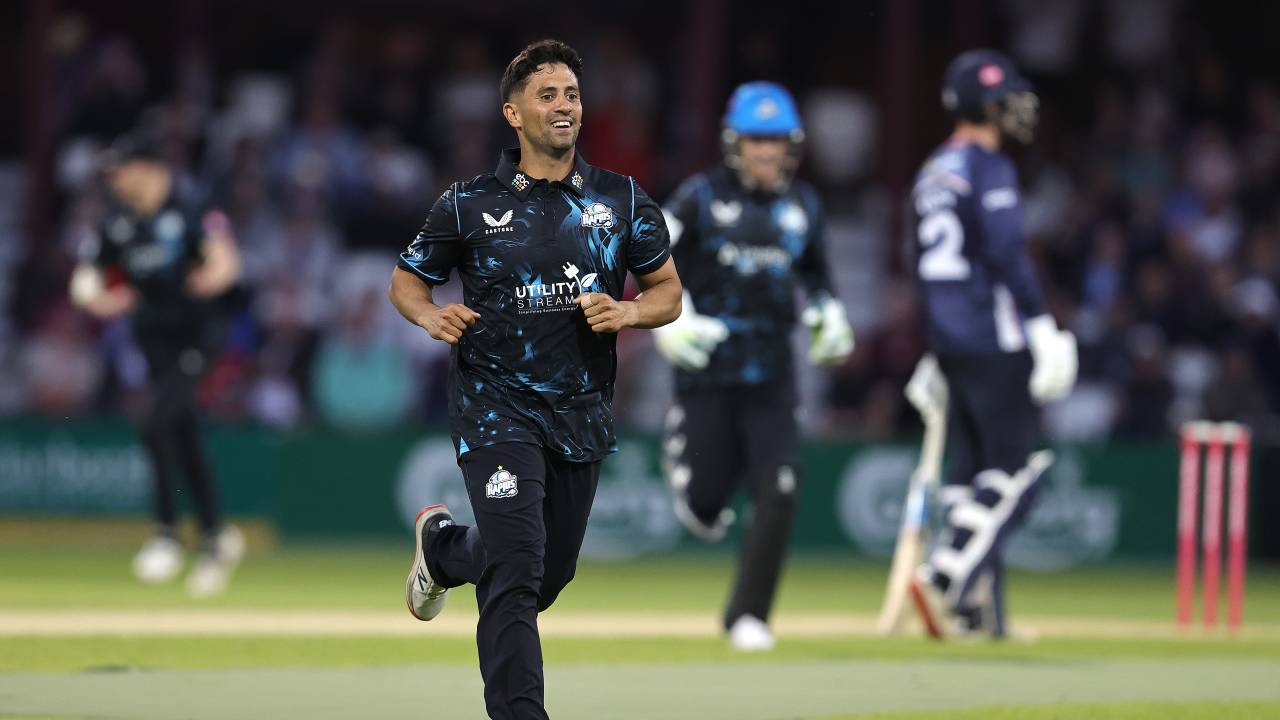 Brett D'Oliveira celebrates after taking the wicket of Lewis McManus, Northamptonshire vs Worcestershire, Vitality Blast, Wantage Road, May 24, 2023