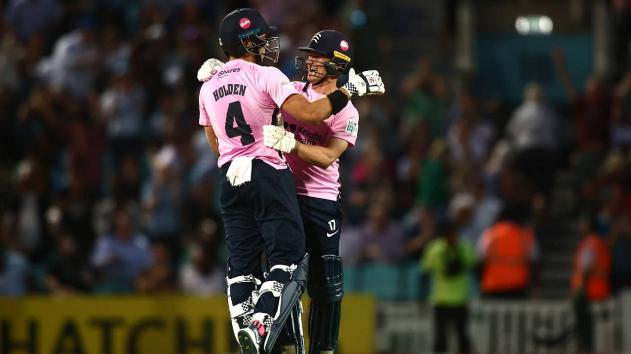Max Holden and Jack Davies celebrate Middlesex's astonishing chase, Surrey vs Middlesex, T20 Blast, South Group, The Oval, June 22, 2023
