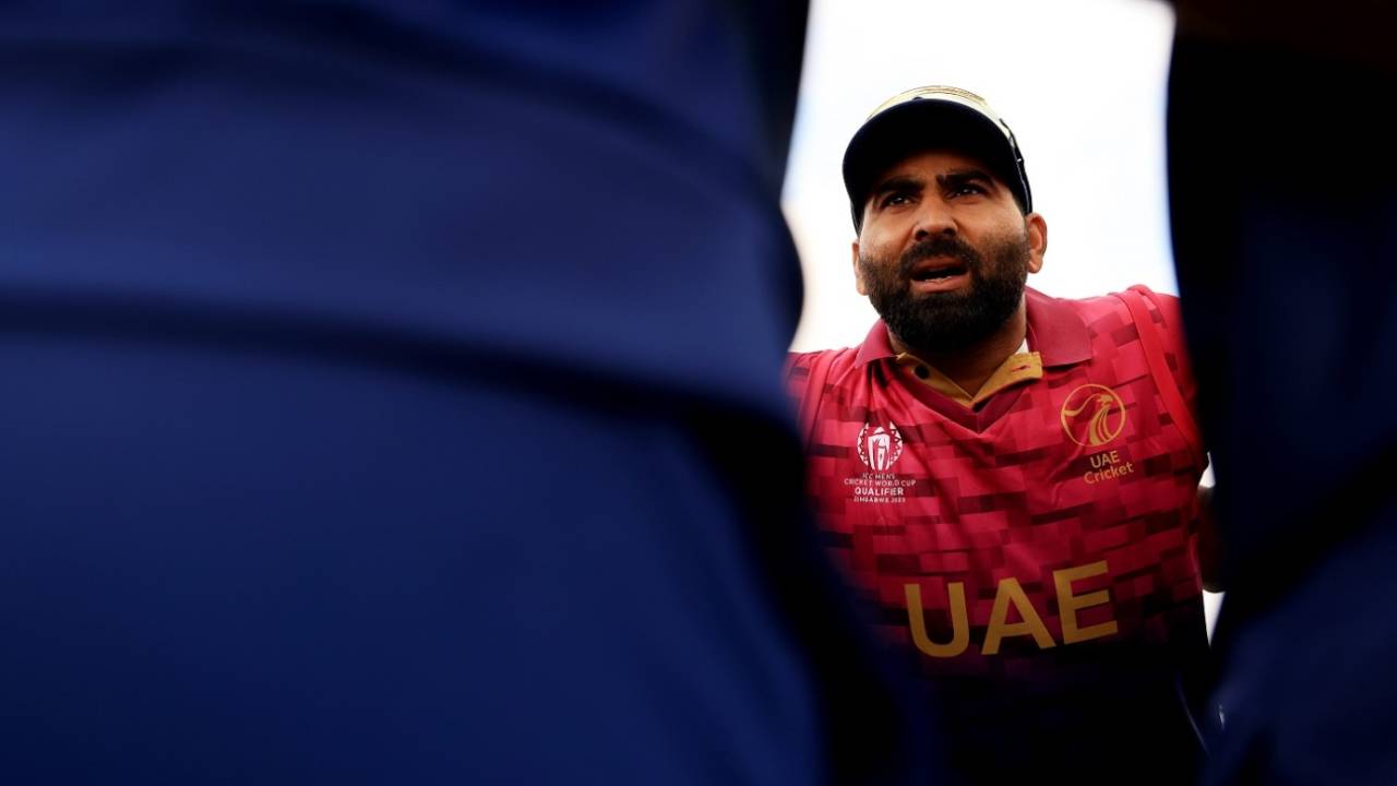 UAE captain Muhammad Waseem talks to his team before the first ball, Scotland vs UAE, ICC Cricket World Cup Qualifier, Bulawayo, June 23, 2023