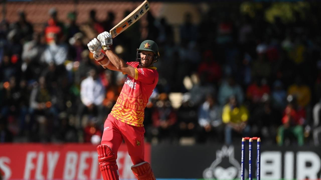 Craig Ervine hits one down the ground, Zimbabwe vs West Indies, World Cup Qualifier 2023, Harare, June 24, 2023