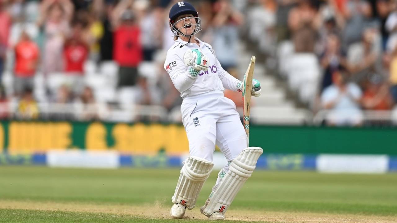 Tammy Beaumont exults after reaching her double century, England vs Australia, Only Test, Women's Ashes, Nottingham, 3rd day, June 24, 2023