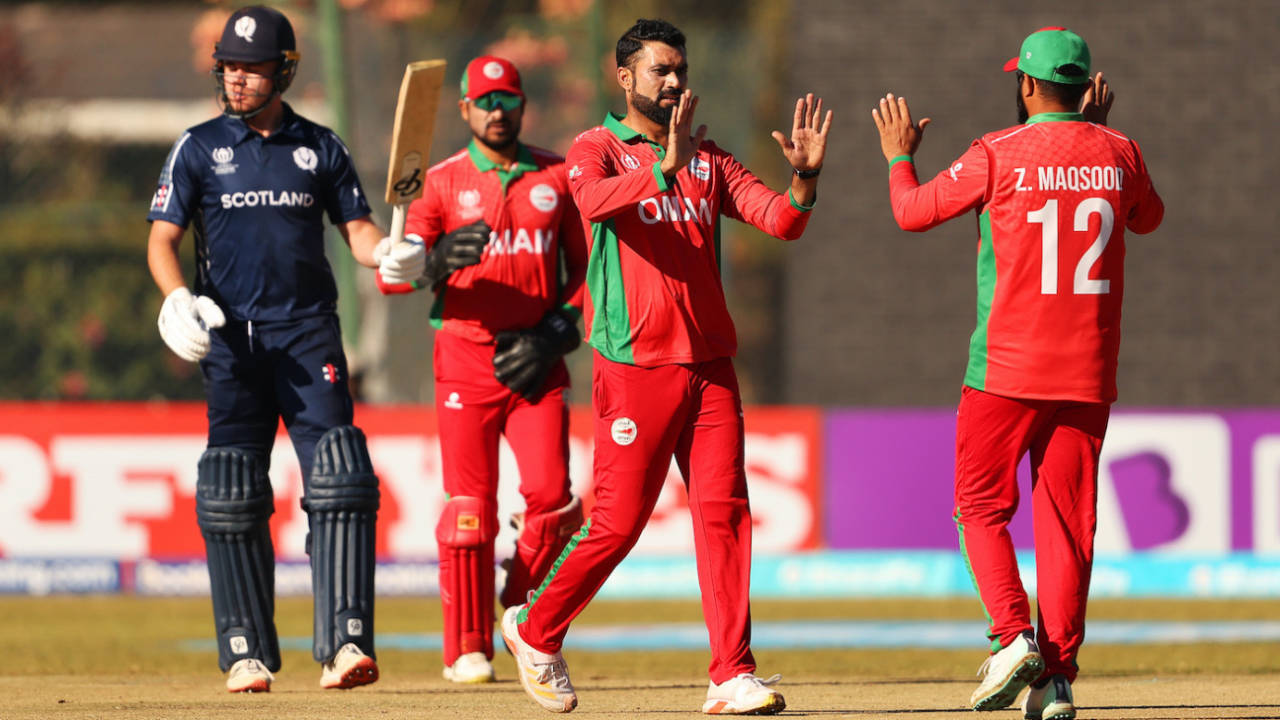 Bilal Khan trapped Christopher McBride on the third ball of the match, Oman vs Scotland, ICC Cricket World Cup Qualifier, Bulawayo, June 25, 2023