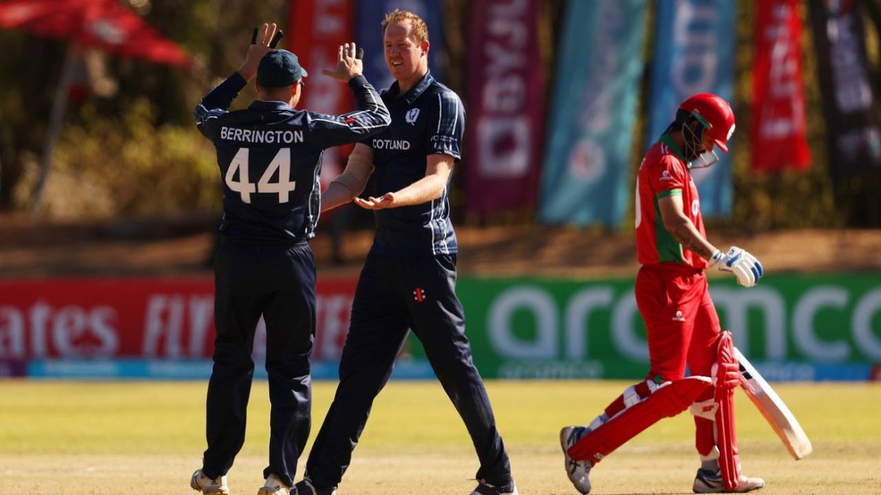 Adrian Neill celebrates the wicket of Jatinder Singh, Oman vs Scotland, ICC Cricket World Cup Qualifier, Bulawayo, June 25, 2023