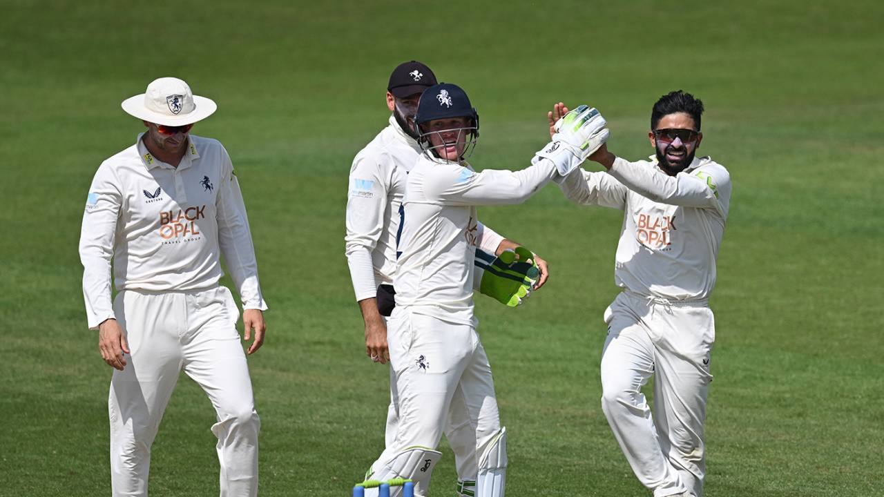 Hamidullah Qadri is congratulated by his team-mates, Kent, County Championship, Division One, Wantage Road, June 25, 2023