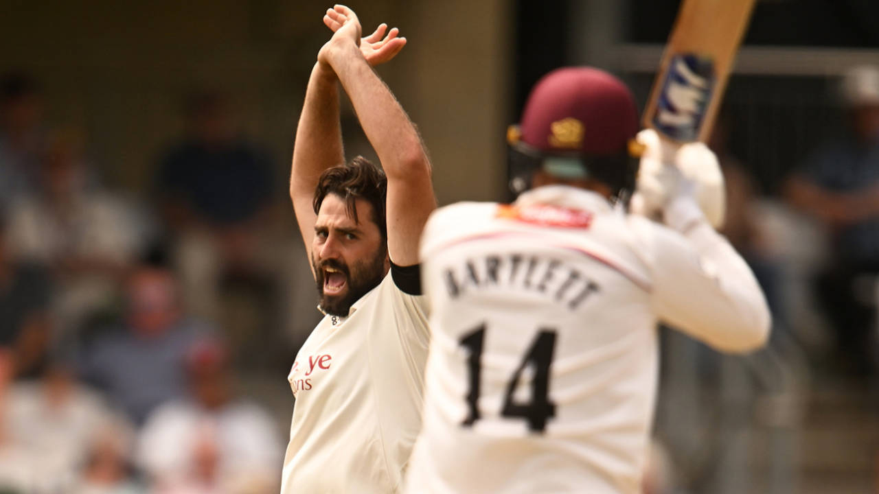 Brett Hutton celebrates the wicket of Somerset's George Bartlett, Somerset vs Nottinghamshire, Taunton, June 25, 2023
