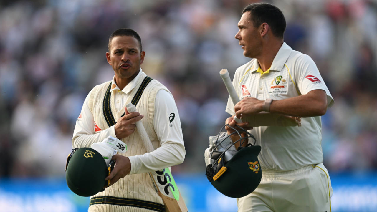 Usman Khawaja and Scott Boland walk back at the end of day's play, England vs Australia, 1st Ashes Test, Edgbaston, 4th day, June 19, 2023