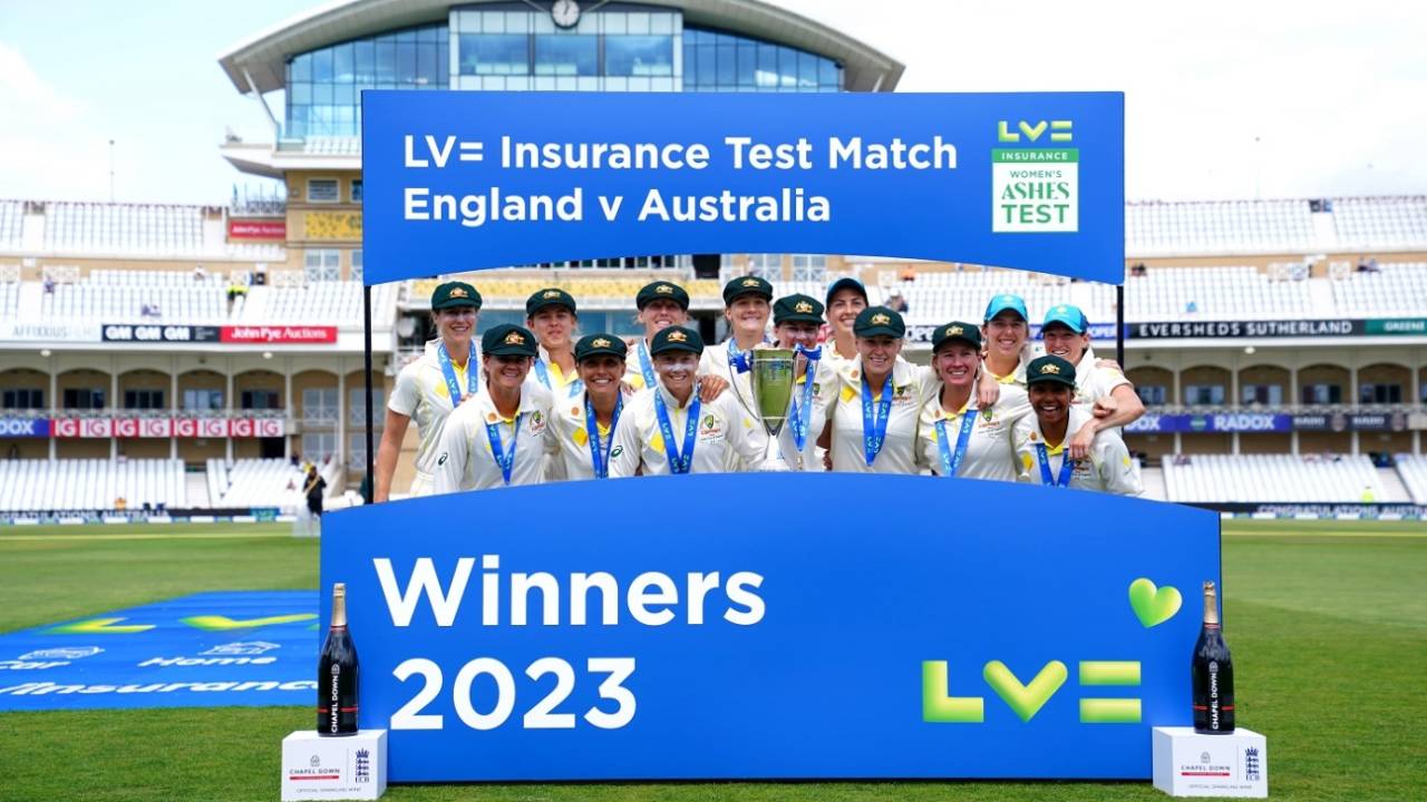 Australia pose after bagging four points for the Test win, England vs Australia, Only Test, Women's Ashes, Nottingham, 5th day, June 26, 2023