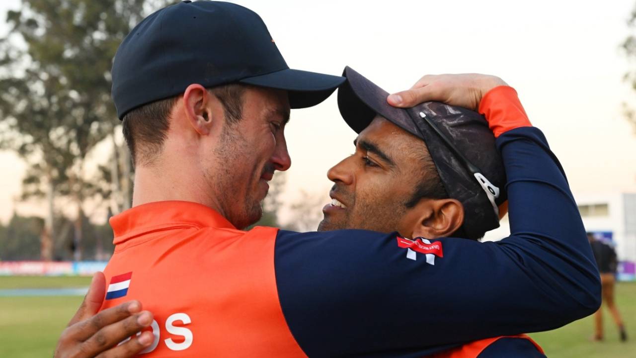 Scott Edwards and Teja Nidamanuru celebrate a special win, Netherlands vs West Indies, ICC World Cup Qualifier, Harare, June 26, 2023