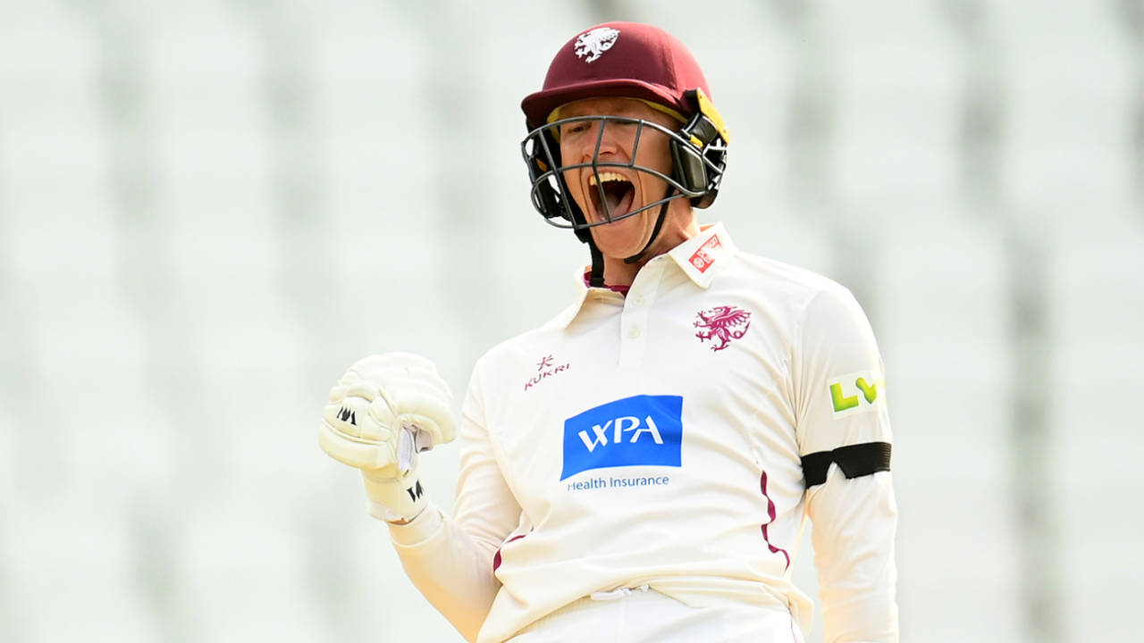 George Bartlett roars in celebration as he brings up his hundred, Somerset vs Nottinghamshire, County Championship, Division One, Taunton, June 26, 2023