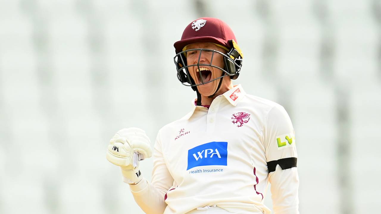 George Bartlett roars in celebration as he brings up his hundred, Somerset vs Nottinghamshire, County Championship, Division One, Taunton, June 26, 2023