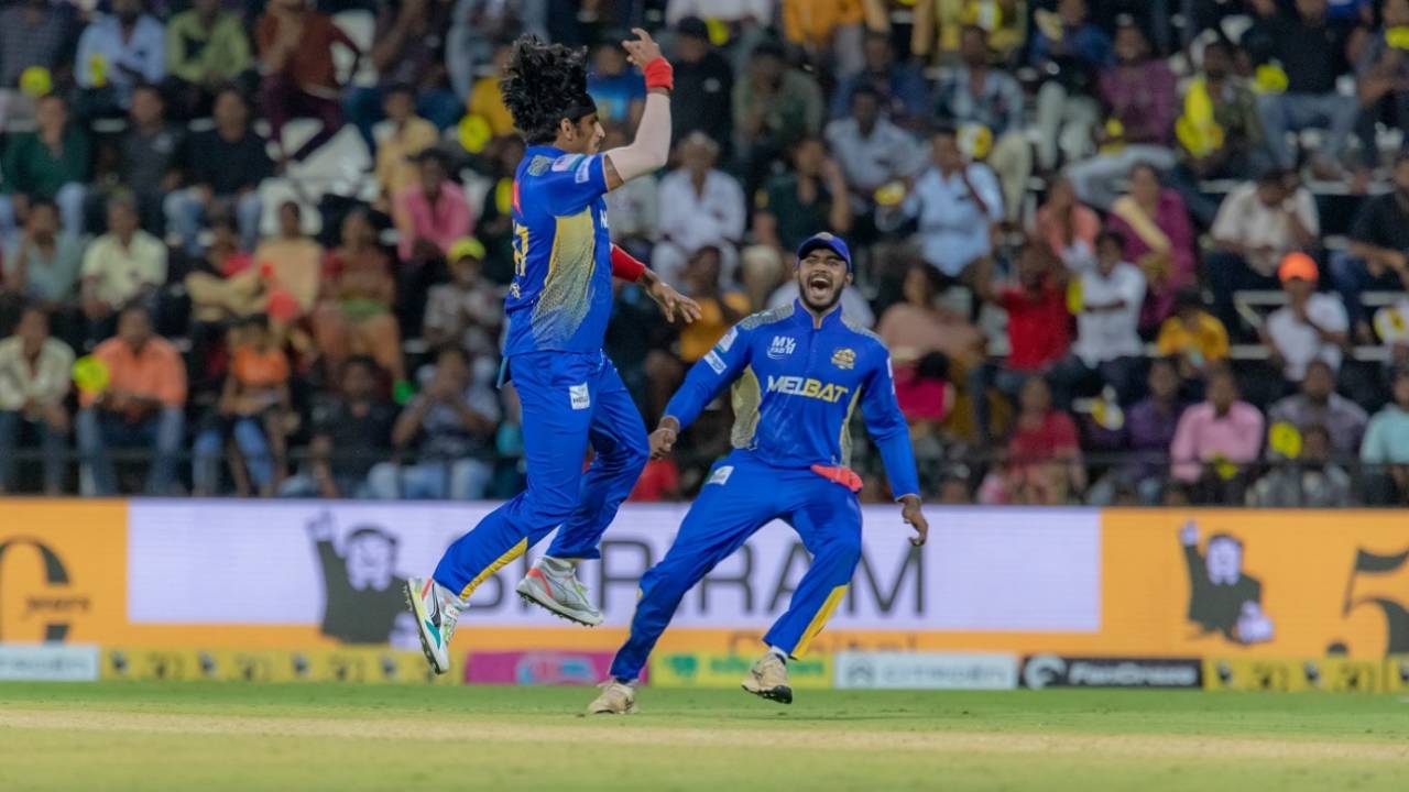 Ajay Krishna is overjoyed after taking a wicket, Chepauk Super Gillies vs Siechem Madurai Panthers, TNPL 2023, Salem, June 26, 2023