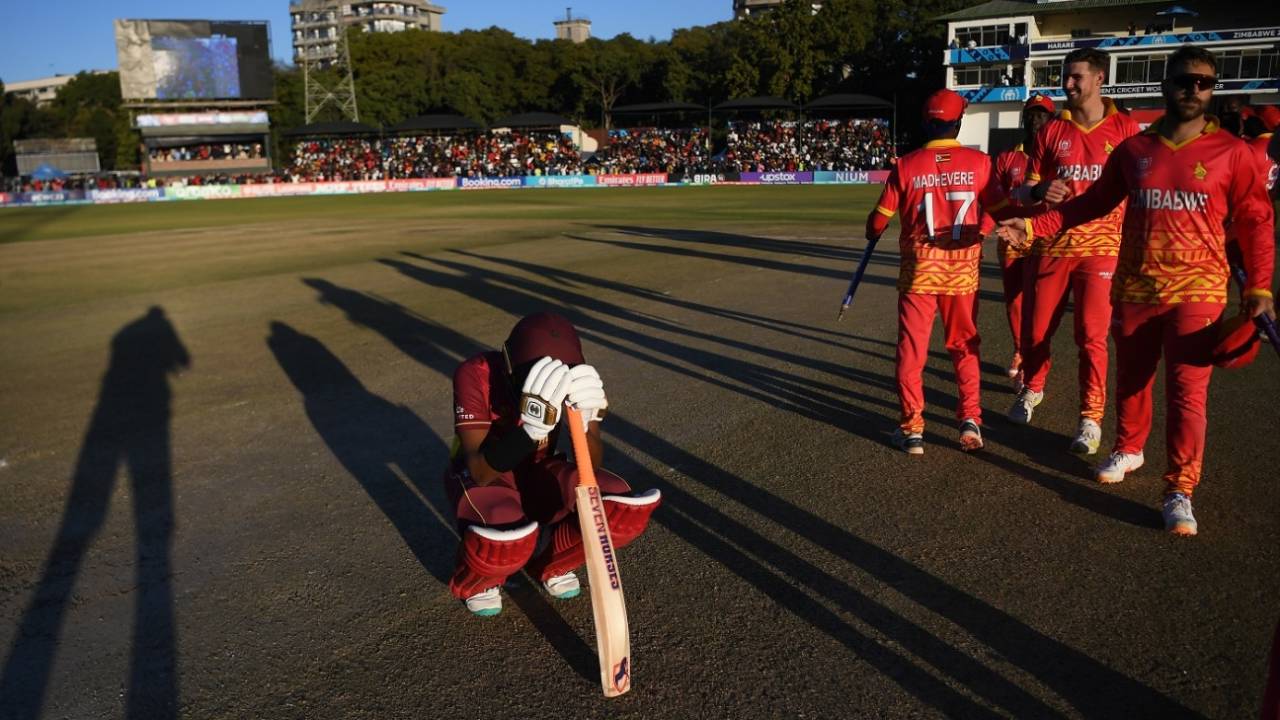 Akeal Hosein cuts a dejected figure after West Indies fell short, Zimbabwe vs West Indies, ICC World Cup Qualifier, Harare, June 24, 2023
