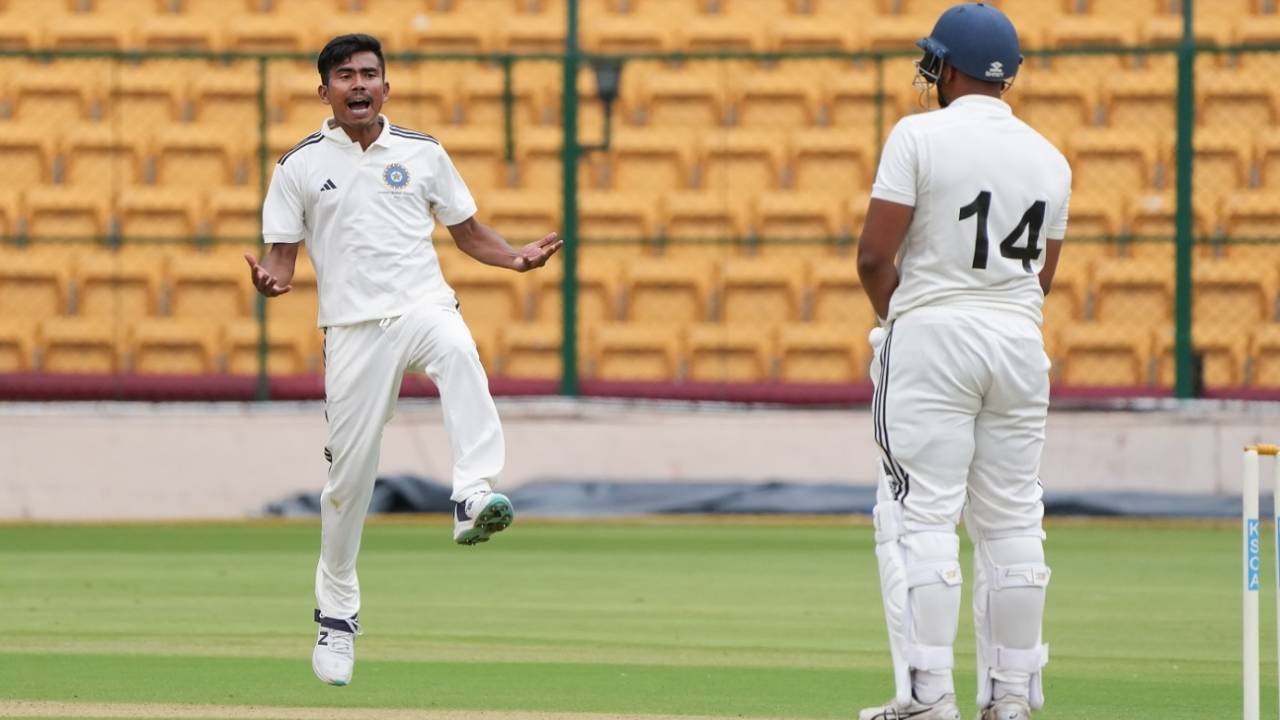 Dippu Sangma celebrates dismissing Ankit Kumar, North Zone vs North East Zone, Duleep Trophy, 1st day, Bengaluru, June 28, 2023
