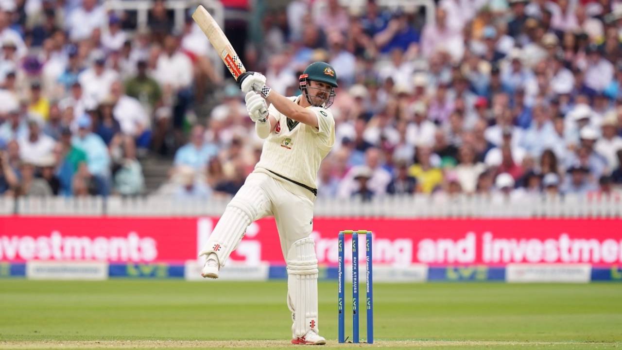 Travis Head hits through the off side, England vs Australia, 2nd Ashes Test, Lord's, 1st day, June 28, 2023