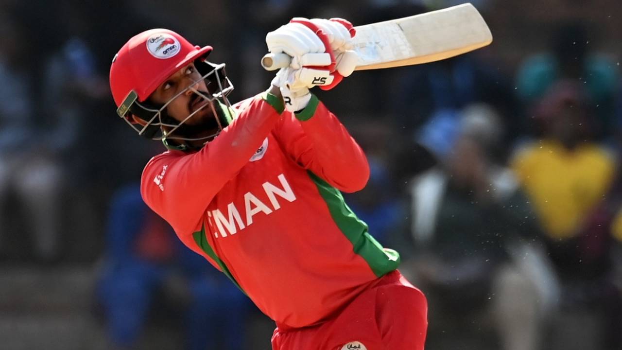 Aqib Ilyas was involved in a 83-run second-wicket stand with Kashyap Prajapati, Oman vs Zimbabwe, Super Six, Men's World Cup Qualifier, Bulawayo, June 29, 2023