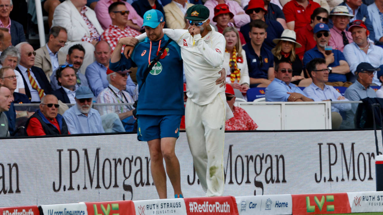 Nathan Lyon had to be helped around the boundary by the physio, England vs Australia, 2nd Ashes Test, Lord's, 2nd day, June 29, 2023