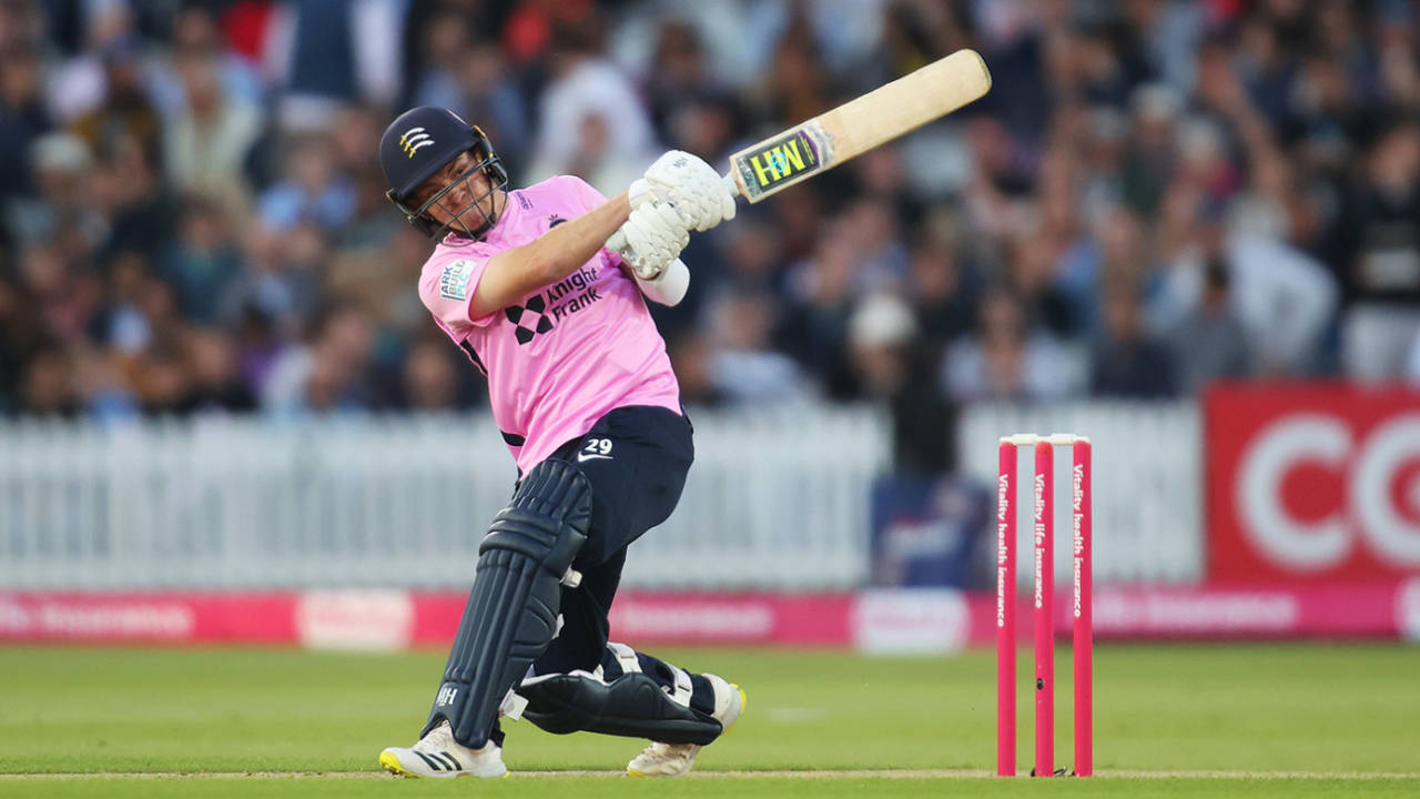 Ryan Higgins takes a swing, Vitality Blast, Middlesex vs Surrey, Lord's, May 25, 2023