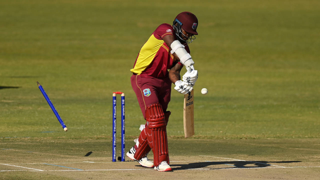 Kyle Mayers loses his off stump to Chris Sole, Scotland vs West Indies, Super Six, ODI World Cup qualifier, Harare, July 1, 2023