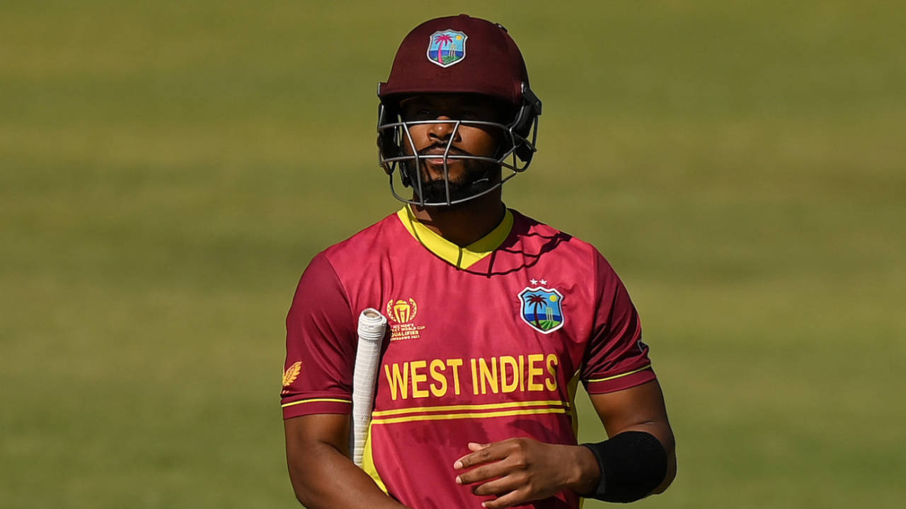 Shai Hope walks back after being dismissed by Safyaan Sharif, Scotland vs West Indies, Super Six, ODI World Cup qualifier, Harare, July 1, 2023