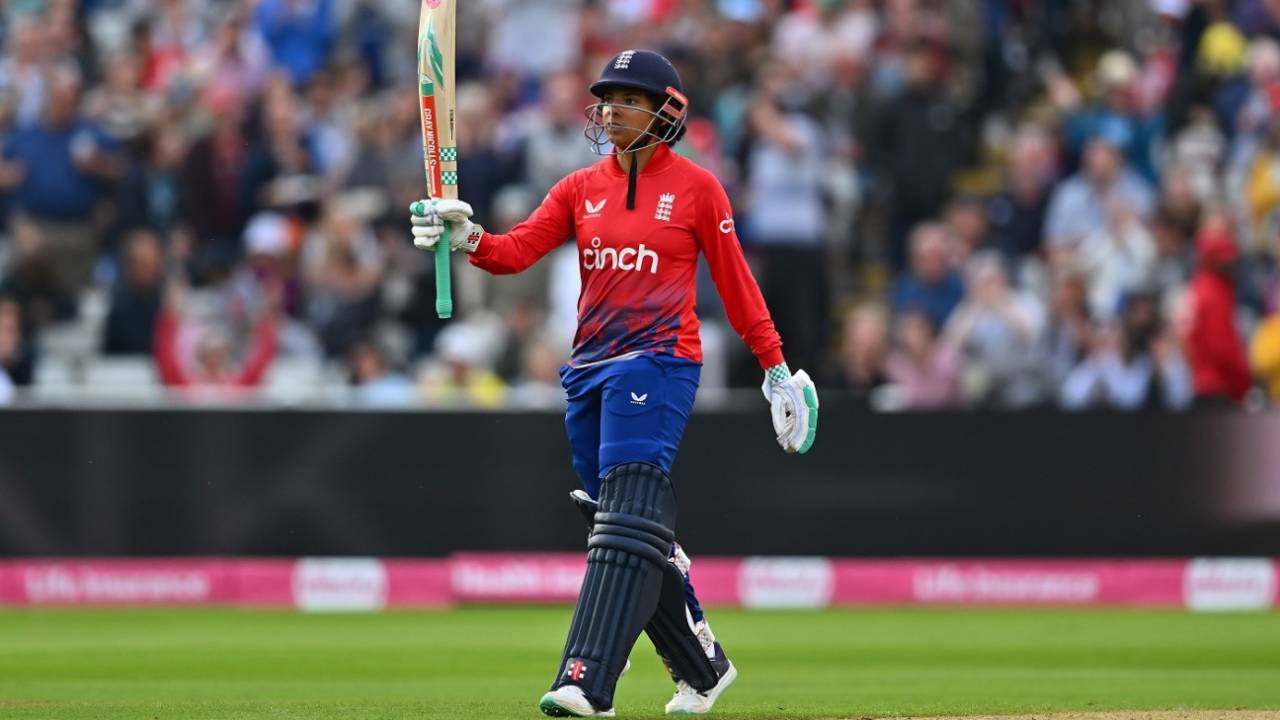 Sophia Dunkley celebrates her fifty, England vs Australia, 1st Women's T20I, Birmingham, July 1, 2023