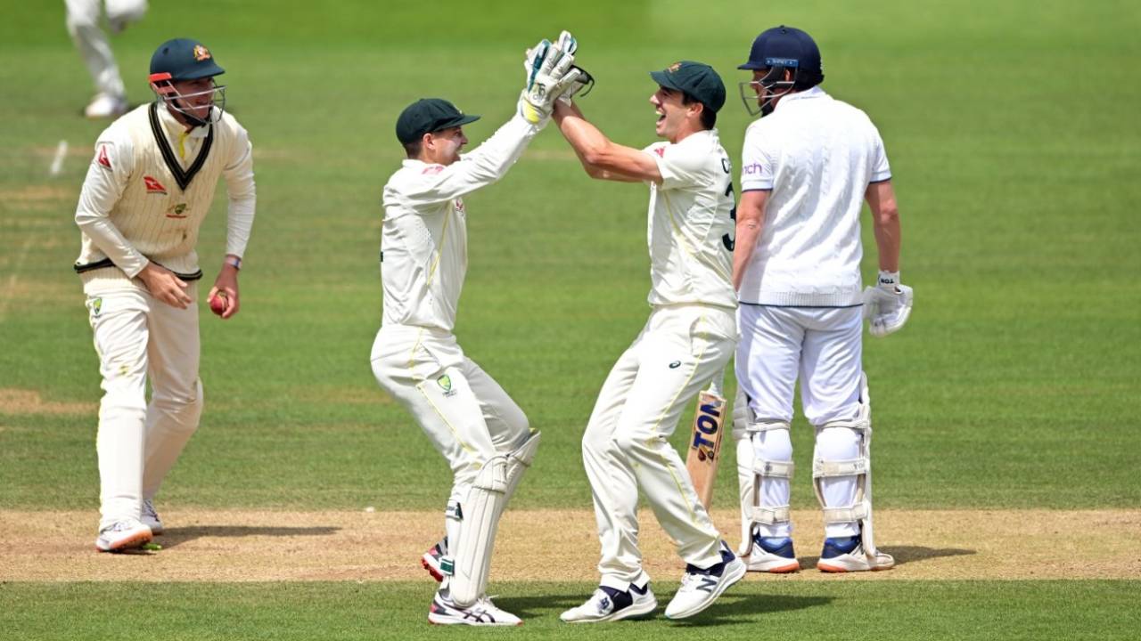 Alex Carey and Pat Cummins celebrate Jonny Bairstow's stumping, England vs Australia, 2nd Ashes Test, Lord's, 5th day, July 2, 2023
