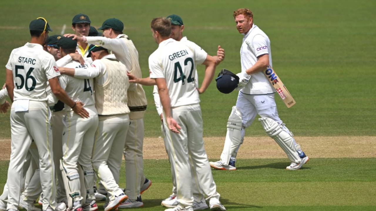 Jonny Bairstow walks off after being given out as Australia celebrate&nbsp;&nbsp;&bull;&nbsp;&nbsp;AFP/Getty Images