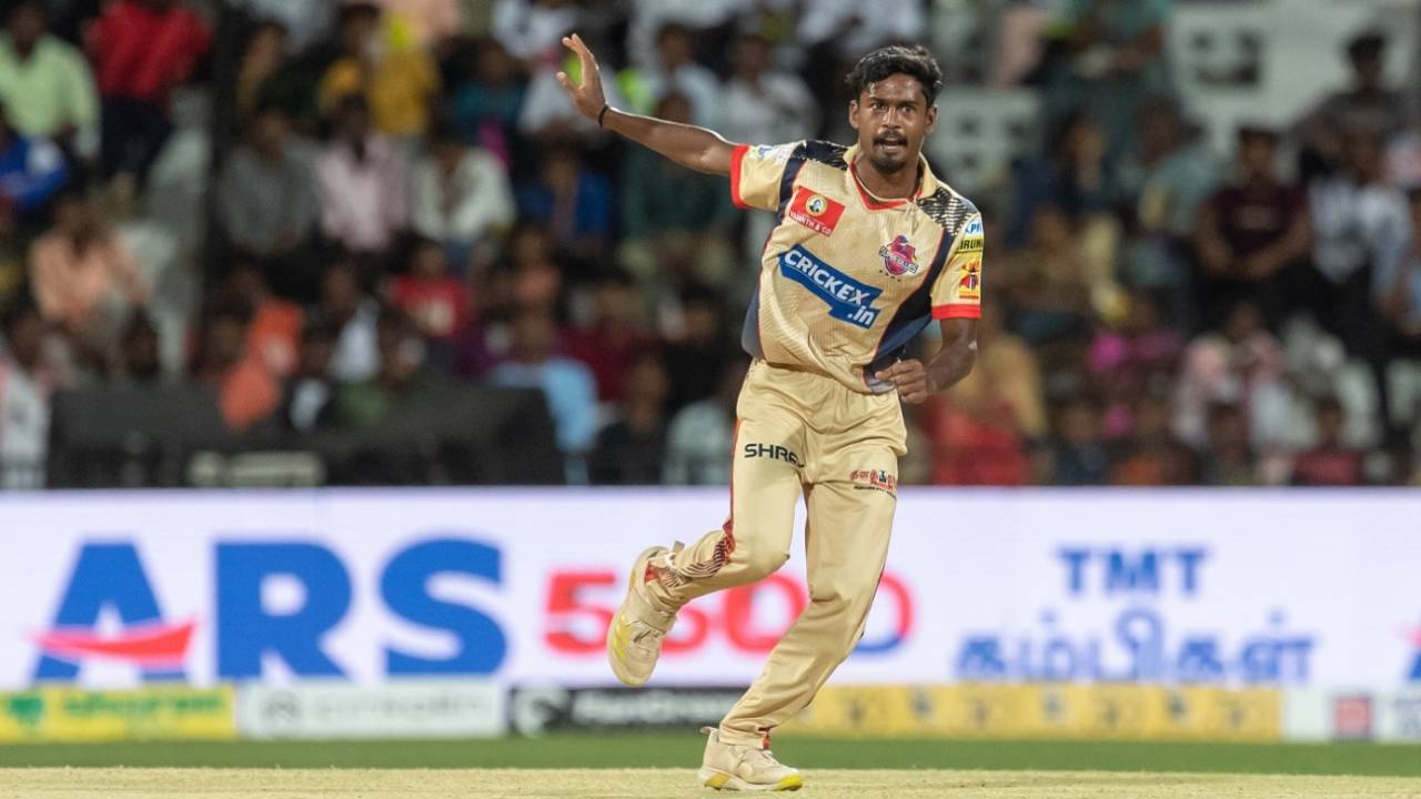 M Silambarasan ran through the Trichy line-up with figures of 5 for 12, Chepauk Super Gillies vs Ba11sy Trichy, TNPL 2023, Tirunelveli, July 2, 2023