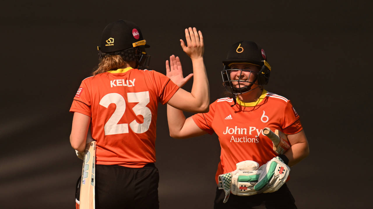 Marie Kelly and Kathryn Bryce celebrate victory, Charlotte Edwards Cup, Western Storm vs The Blaze, Sophia Gardens, June 07, 2023
