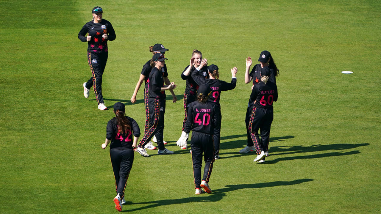 Central Sparks players celebrate, Rachael Heyhoe Flint Trophy, Central Sparks vs Western Storm, Edgbaston, May 31, 2021