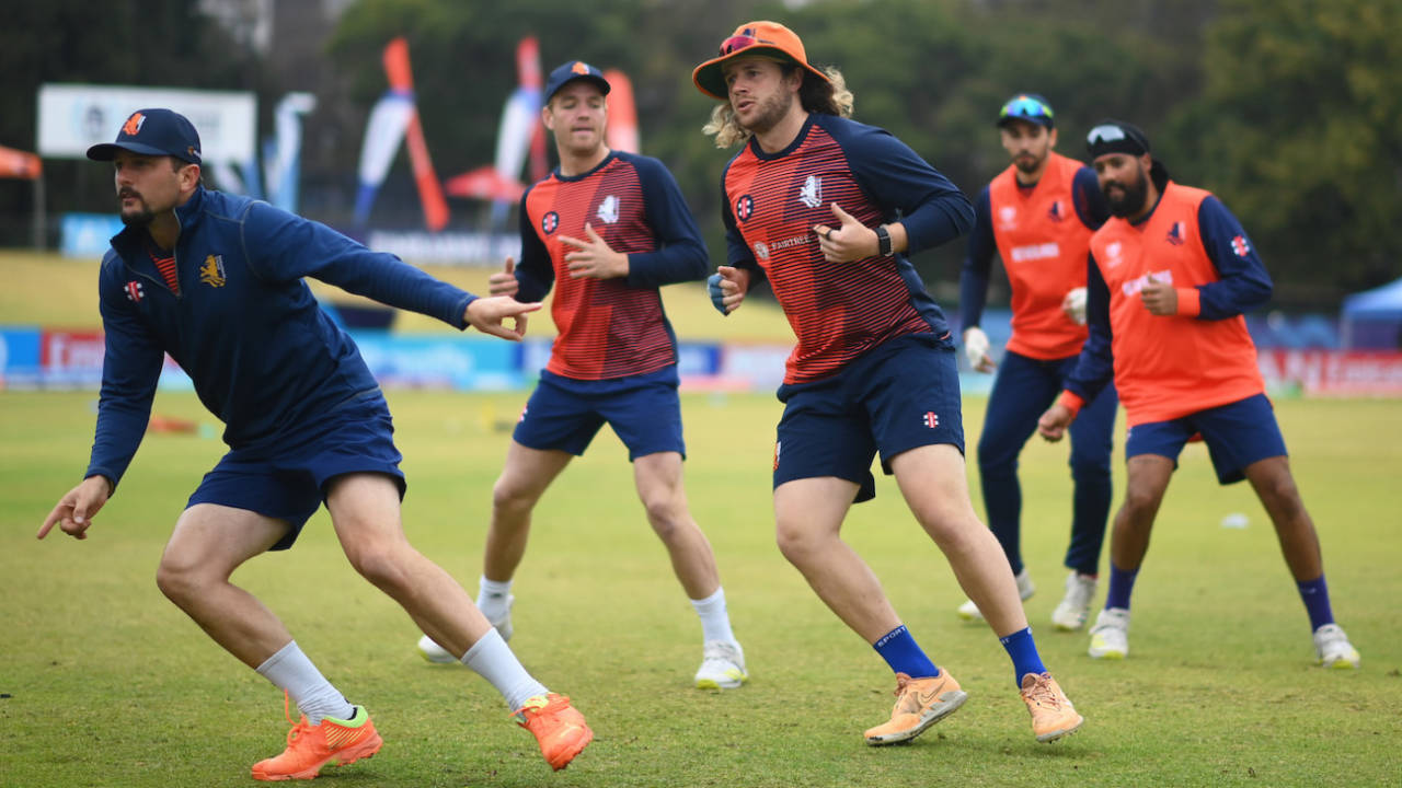 The Netherlands players warm up before the start of the game, Netherlands vs Oman, ODI World Cup qualifier, Super Six, Harare, July 3, 2023