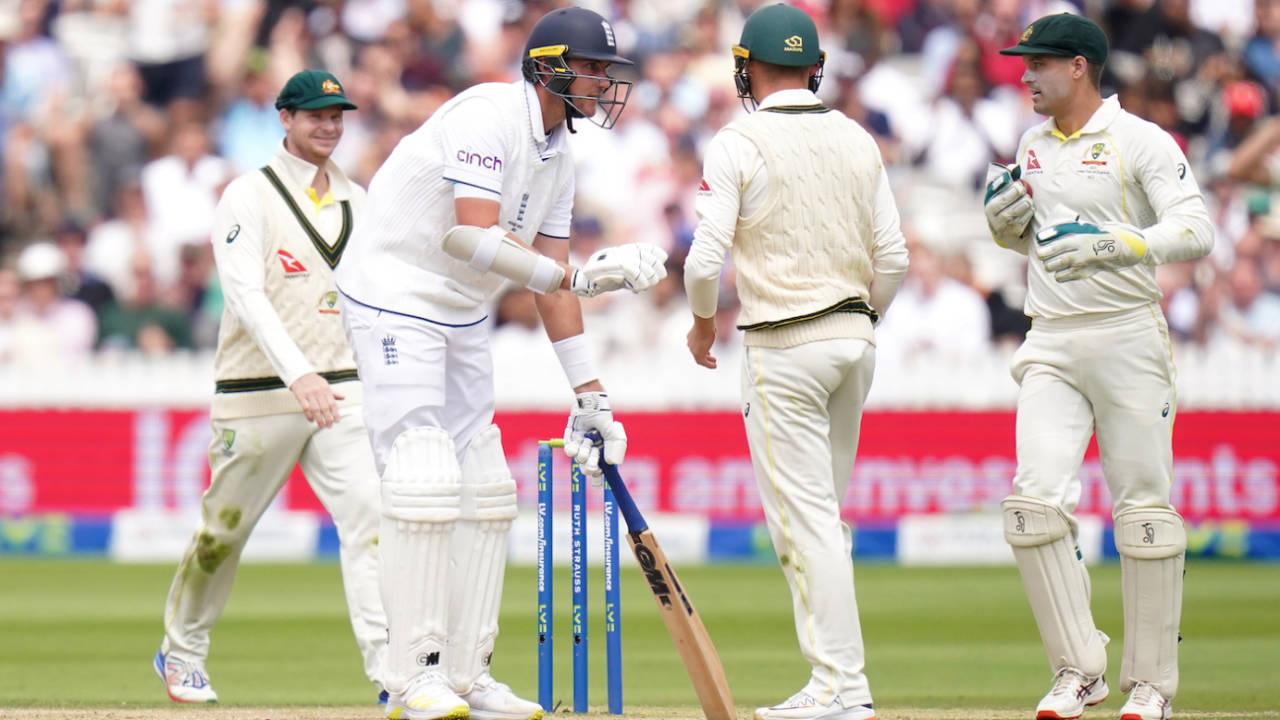 Stuart Broad makes a point of checking with the Australian players before leaving his crease in the aftermath of Jonny Bairstow's dismissal , England vs Australia, 2nd Test, Lord's, July 2, 2023