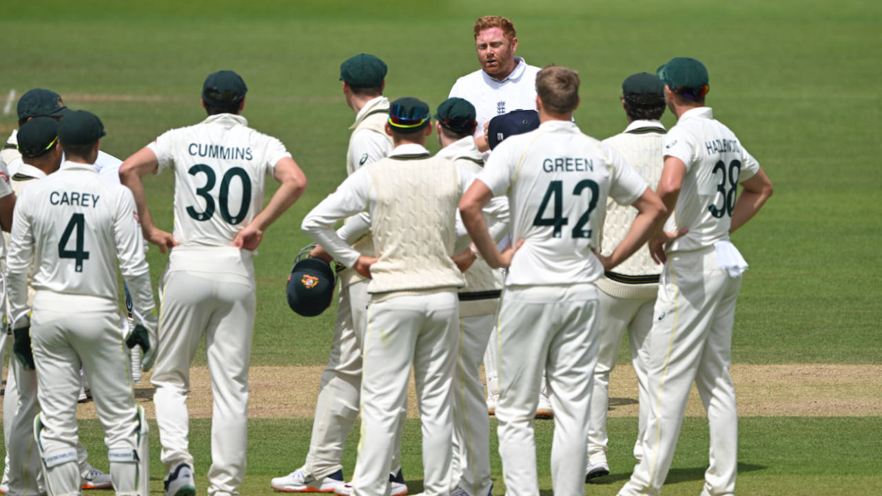 Jonny Bairstow is incredulous after being given out as Australia celebrate&nbsp;&nbsp;&bull;&nbsp;&nbsp;AFP/Getty Images