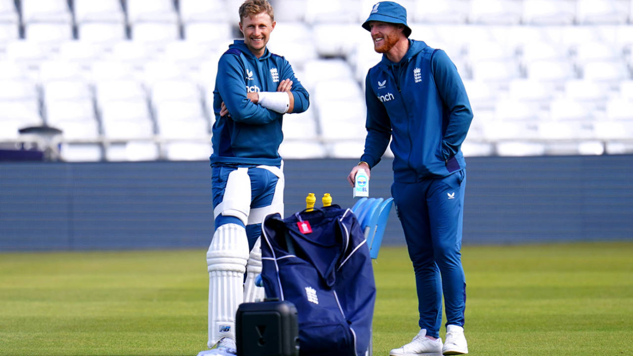 Joe Root and Ben Stokes share a lighter moment at training, Headingley, July 4, 2023