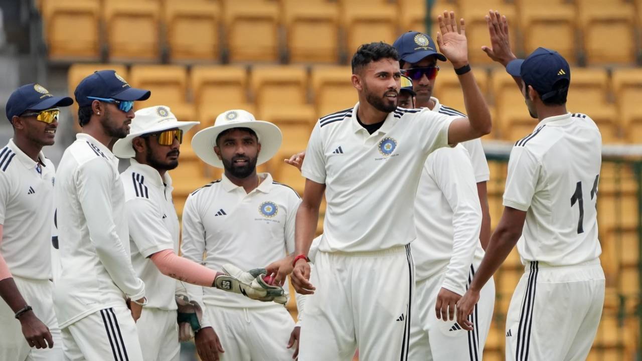 Vidwath Kaverappa picked up 5 for 29 as North Zone were bowled out for 198, South Zone vs North Zone, Duleep Trophy 2023, Bengaluru, July 5, 2023