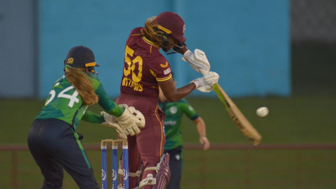 Hayley Matthews powers the ball away during her half-century, West Indies vs Ireland, 2nd women's T20I, Gros Islet, July 6, 2023