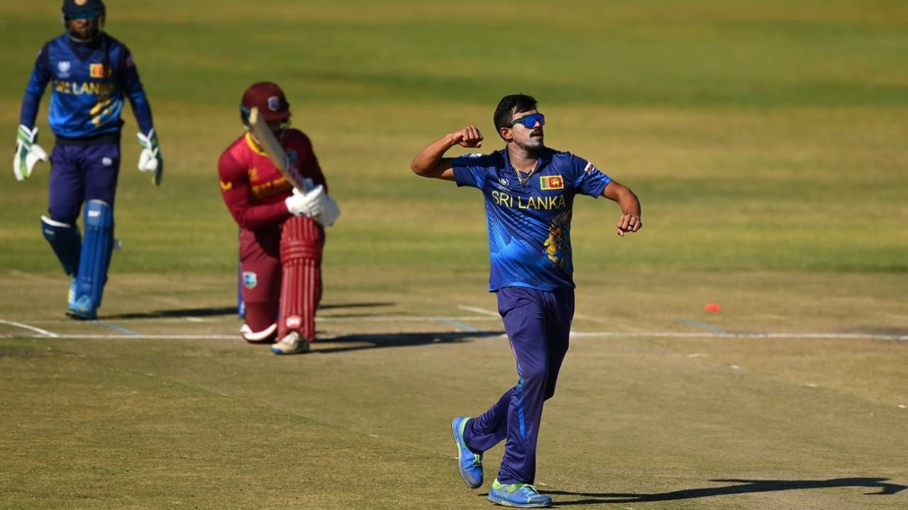 Maheesh Theekshana celebrates the wicket of Brandon King&nbsp;&nbsp;&bull;&nbsp;&nbsp;ICC/Getty Images