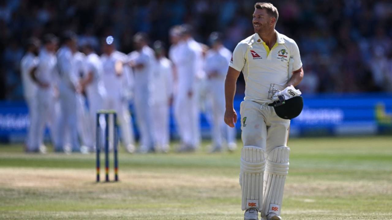 David Warner smiles after being dismissed by Stuart Broad for the 17th time, England vs Australia, 3rd Test, 2nd day, Headingley, July 7, 2023