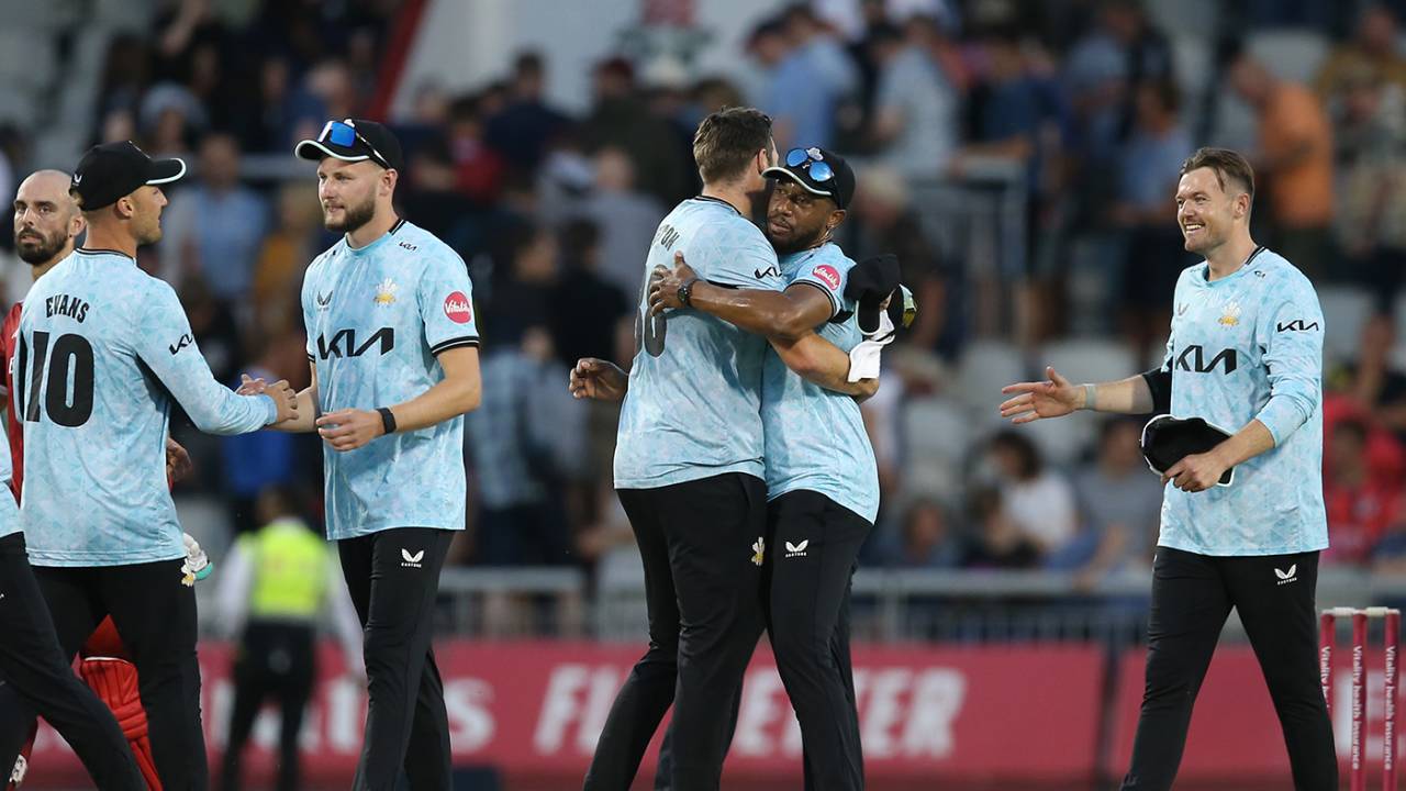 Chris Jordan orchestrated a Surrey squeeze during the latter stages, Lancashire vs Surrey, Vitality Blast quarter-final, Old Trafford, July 7, 2023