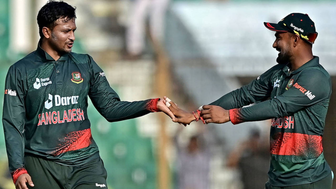 Shakib Al Hasan and Litton Das celebrate the opening breakthrough, made in the 37th over, Bangladesh vs Afghanistan, 2nd ODI, Chattogram, July 8, 2023