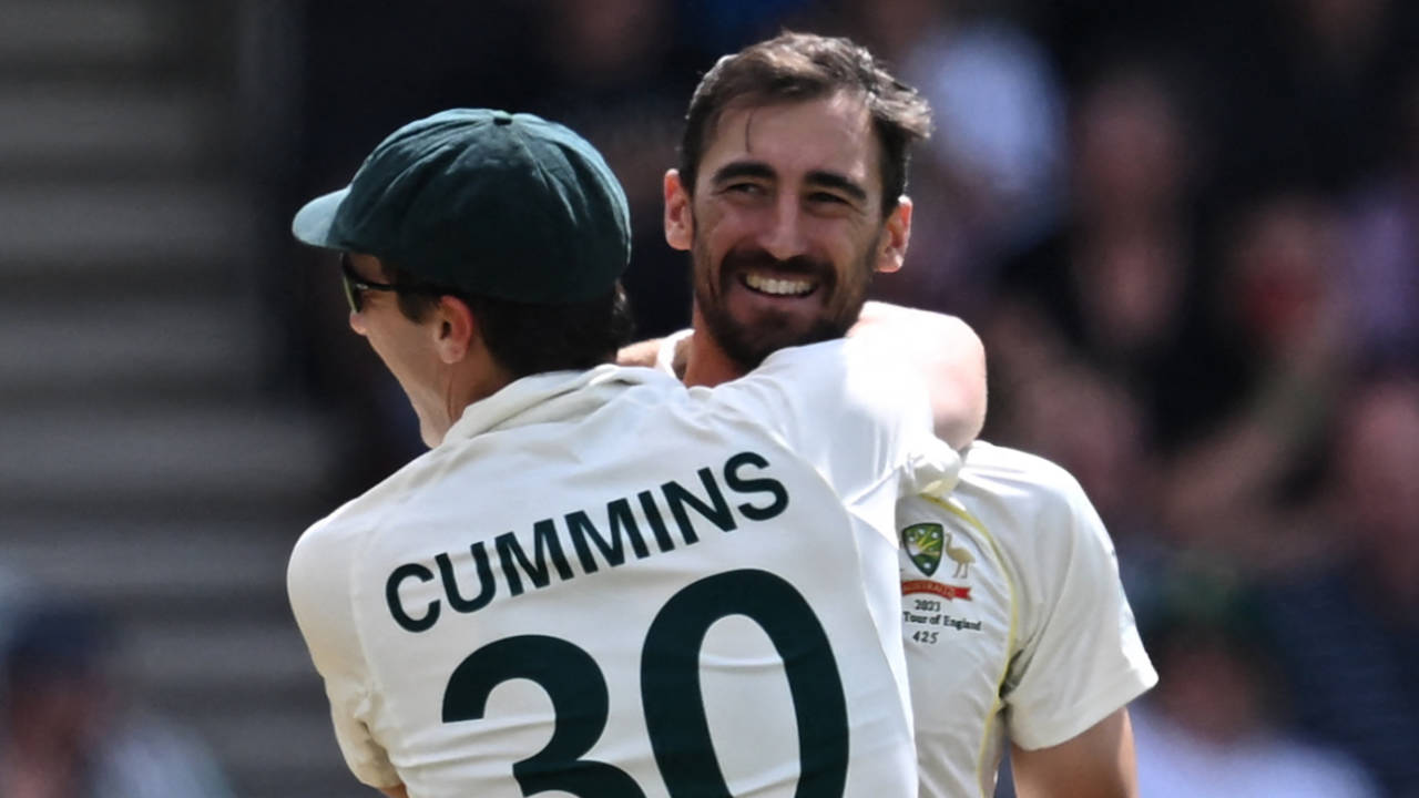 Pat Cummins and Mitchell Starc celebrate after colliding trying to take the catch that sent Harry Brook back, England vs Australia, 3rd Test, 4th day, Headingley, July 9, 2023