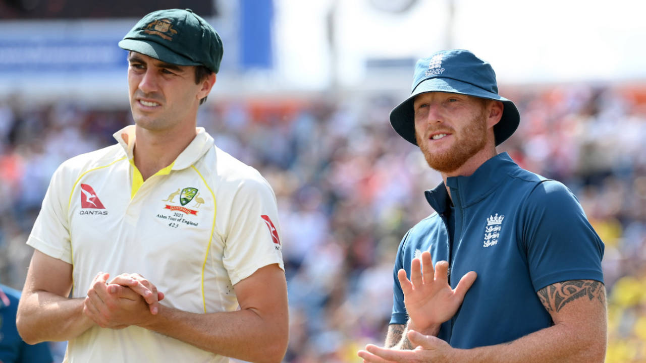 Pat Cummins and Ben Stokes at the presentation ceremony, England vs Australia, 3rd Test, 4th day, Headingley, July 9, 2023