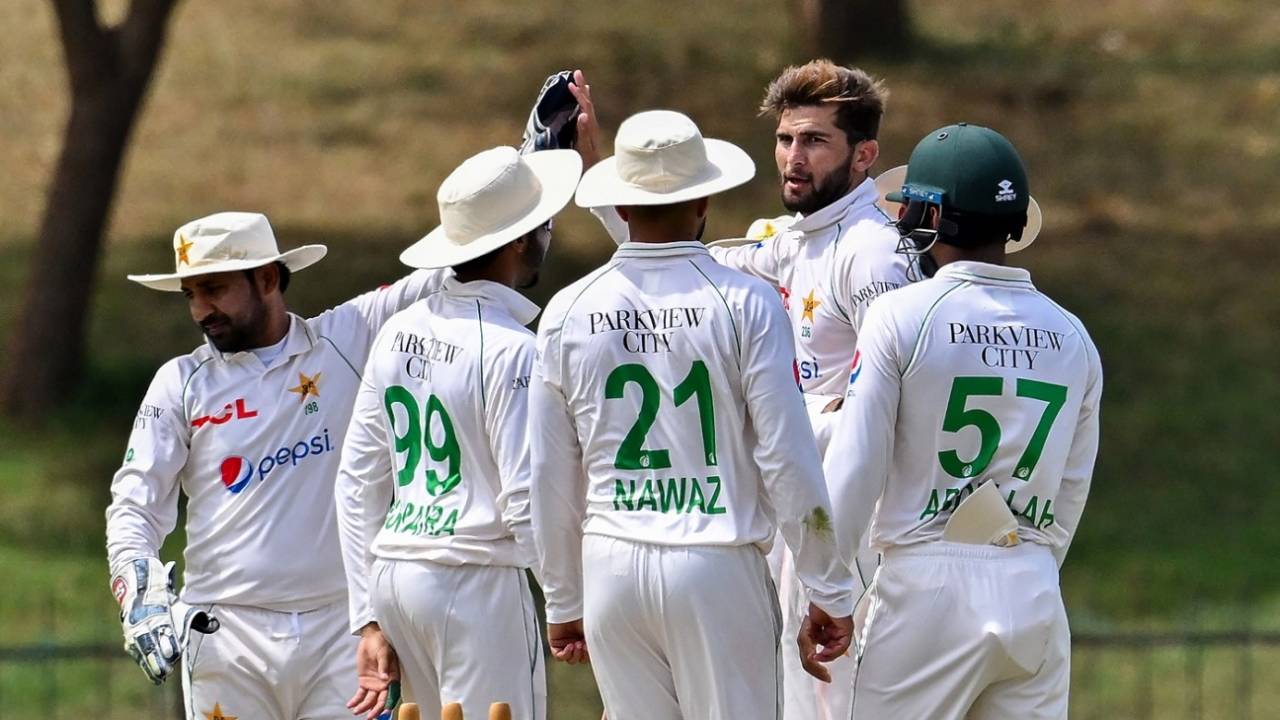 The Pakistan players celebrate a wicket, SLCP XI vs Pakistan, Tour match, Hambantota, 1st day, July 11, 2023