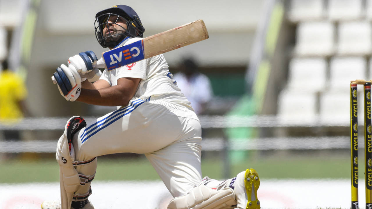 Rohit Sharma plays a slog sweep, West Indies vs India, 1st Test, Dominica, 2nd day, July 13, 2023