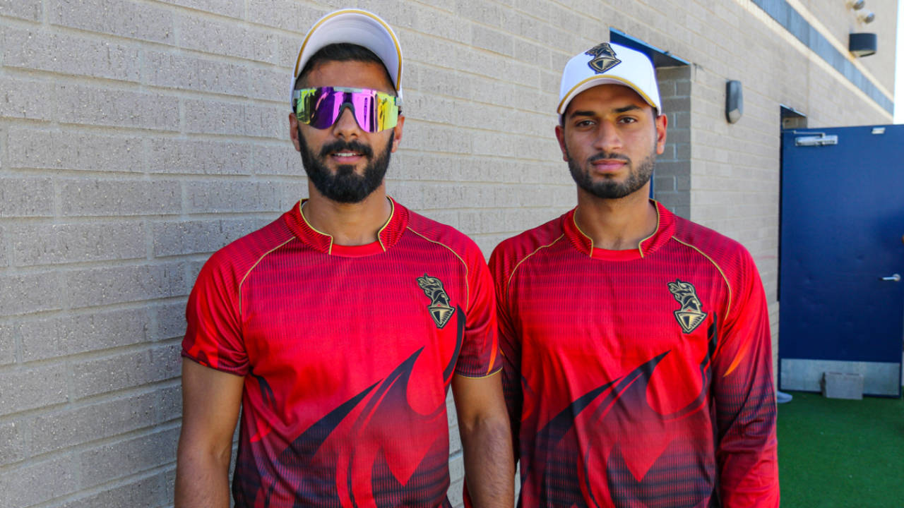 USA and Los Angeles Knight Riders teammates Ali Khan and Ali Sheikh after their final training session on the eve of MLC opening night, Grand Prairie, July 12, 2023